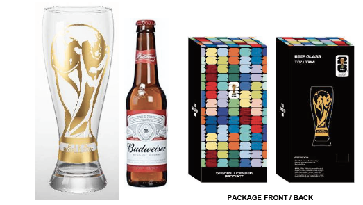 Decal Trophy Beer Glass with Budweiser beer bottle and packaging on a white background